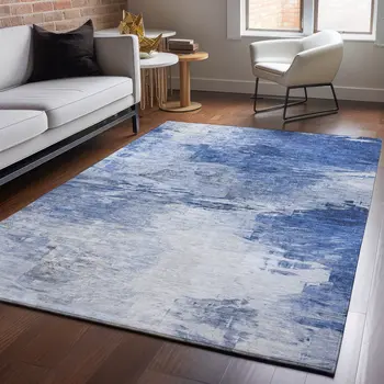 5' X 8' Blue And Ivory Abstract Washable Area Rug With UV Protection