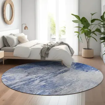 8' Blue And Ivory Abstract Washable Round Rug With UV Protection