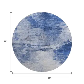 8' Blue And Ivory Abstract Washable Round Rug With UV Protection