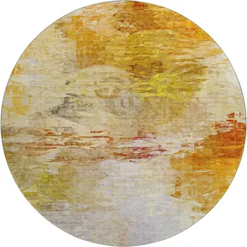 8' Chili Red And Ivory Abstract Washable Round Rug With UV Protection