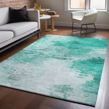 3' X 5' Teal And Ivory Abstract Washable Area Rug With UV Protection
