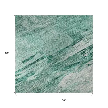3' X 5' Teal And Ivory Abstract Washable Area Rug With UV Protection
