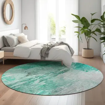 8' Teal And Ivory Abstract Washable Round Rug With UV Protection