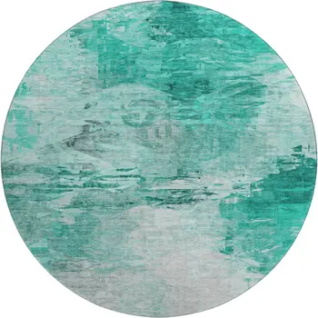 8' Teal And Ivory Abstract Washable Round Rug With UV Protection
