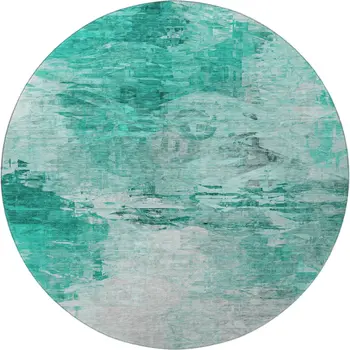8' Teal And Ivory Abstract Washable Round Rug With UV Protection
