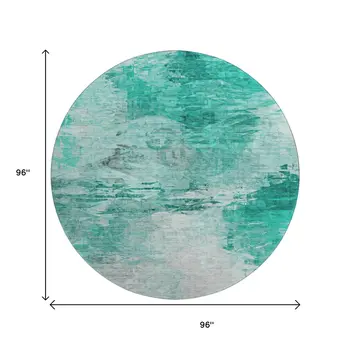 8' Teal And Ivory Abstract Washable Round Rug With UV Protection