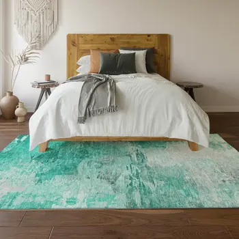 8' X 10' Teal And Ivory Abstract Washable Area Rug With UV Protection