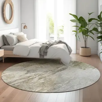 8' Taupe And Ivory Abstract Washable Round Rug With UV Protection
