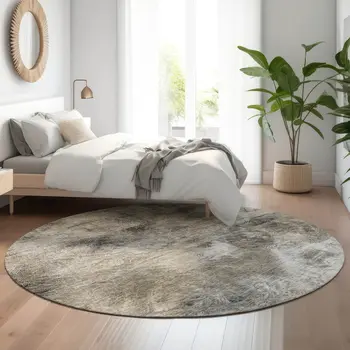 8' Beige Gray And Ivory Abstract Washable Round Rug With UV Protection