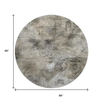 8' Beige Gray And Ivory Abstract Washable Round Rug With UV Protection
