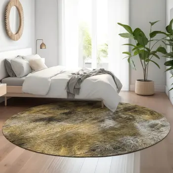 8' Coffee Gray And Ivory Abstract Washable Round Rug With UV Protection