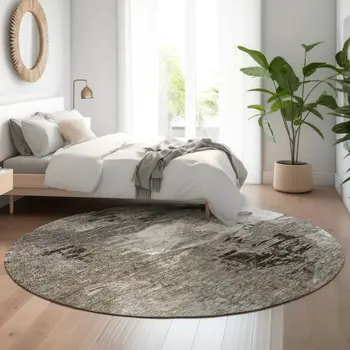 8' Taupe And Ivory Abstract Washable Round Rug With UV Protection