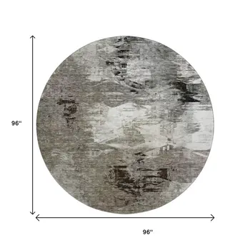 8' Taupe And Ivory Abstract Washable Round Rug With UV Protection