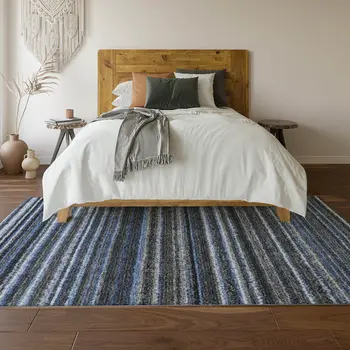 5' X 8' Blue And Gray Striped Washable Area Rug With UV Protection