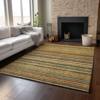 8' X 10' Coral Green And Blue Striped Washable Area Rug With UV Protection