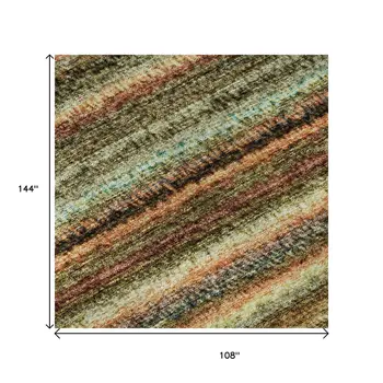 9' X 12' Coral Green And Blue Striped Washable Area Rug With UV Protection