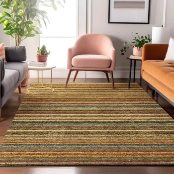 10' X 14' Coral Green And Blue Striped Washable Area Rug With UV Protection