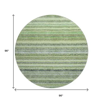 8' Green And Blue Striped Washable Round Rug With UV Protection
