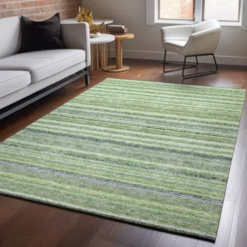 8' X 10' Green And Blue Striped Washable Area Rug With UV Protection