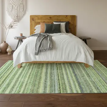 8' X 10' Green And Blue Striped Washable Area Rug With UV Protection