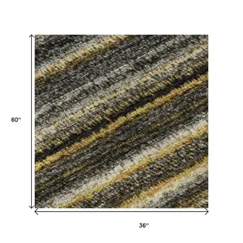3' X 5' Gold Ivory And Gray Striped Washable Area Rug With UV Protection