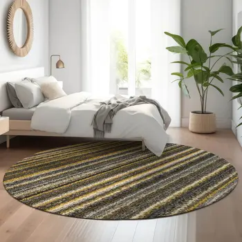 8' Gold Ivory And Gray Striped Washable Round Rug With UV Protection