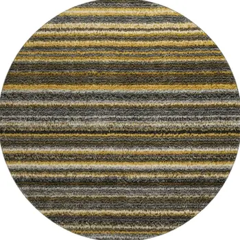 8' Gold Ivory And Gray Striped Washable Round Rug With UV Protection