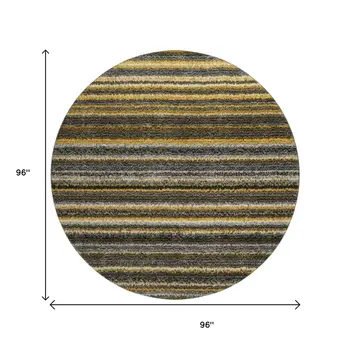 8' Gold Ivory And Gray Striped Washable Round Rug With UV Protection