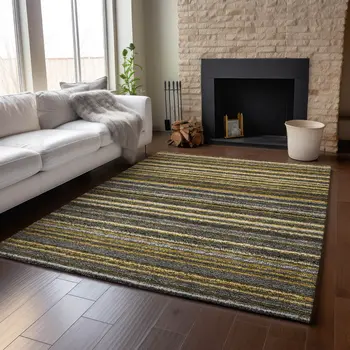 8' X 10' Gold Ivory And Gray Striped Washable Area Rug With UV Protection