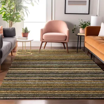 10' X 14' Gold Ivory And Gray Striped Washable Area Rug With UV Protection