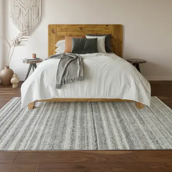 8' X 10' Gray And Silver Striped Washable Area Rug With UV Protection