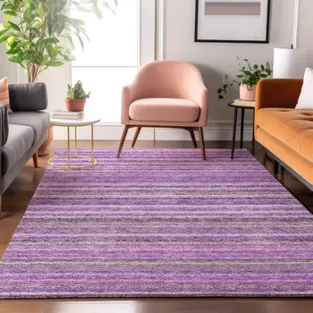 5' X 8' Purple And Gray Striped Washable Area Rug With UV Protection