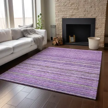 9' X 12' Purple And Gray Striped Washable Area Rug With UV Protection