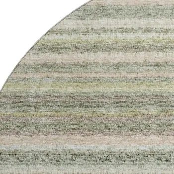 8' Sage And Ivory Striped Washable Round Rug With UV Protection