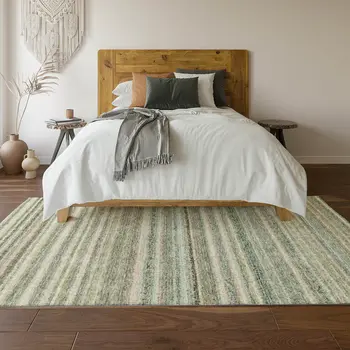 9' X 12' Sage And Ivory Striped Washable Area Rug With UV Protection