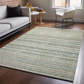 10' X 14' Sage And Ivory Striped Washable Area Rug With UV Protection