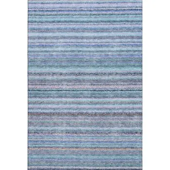 8' X 10' Sky Blue And Gray Striped Washable Area Rug With UV Protection