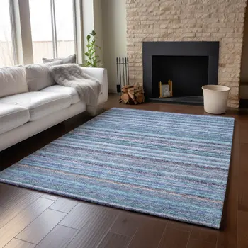 9' X 12' Sky Blue And Gray Striped Washable Area Rug With UV Protection