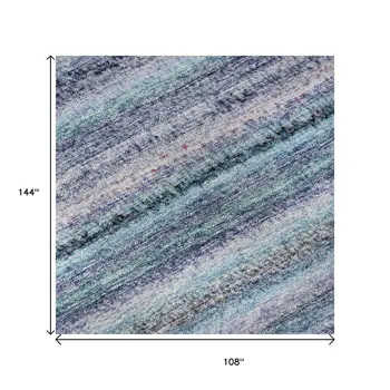 9' X 12' Sky Blue And Gray Striped Washable Area Rug With UV Protection