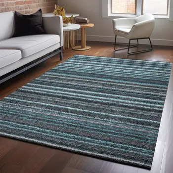 5' X 8' Teal And Gray Striped Washable Area Rug With UV Protection