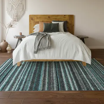 5' X 8' Teal And Gray Striped Washable Area Rug With UV Protection