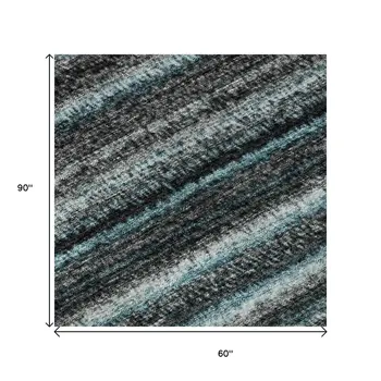5' X 8' Teal And Gray Striped Washable Area Rug With UV Protection