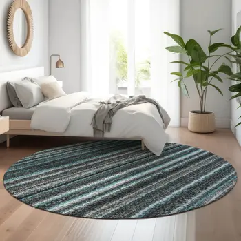 8' Teal And Gray Striped Washable Round Rug With UV Protection