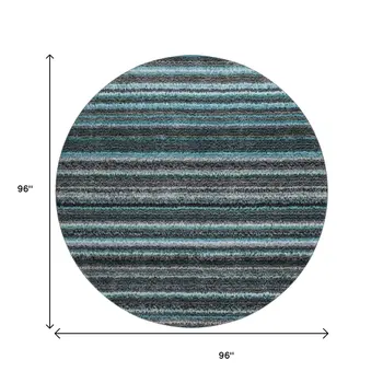 8' Teal And Gray Striped Washable Round Rug With UV Protection