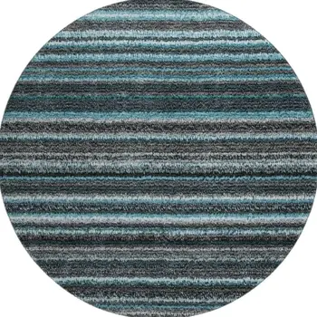 8' Teal And Gray Striped Washable Round Rug With UV Protection