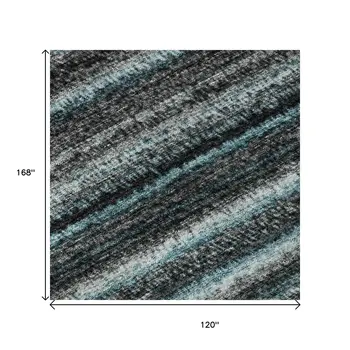10' X 14' Teal And Gray Striped Washable Area Rug With UV Protection