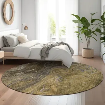 8' Brown Gray And Ivory Abstract Washable Round Rug With UV Protection