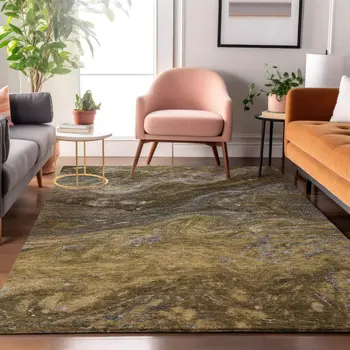 10' X 14' Brown Gray And Ivory Abstract Washable Area Rug With UV Protection