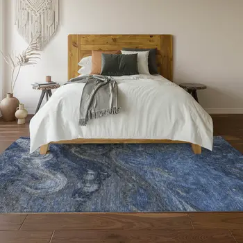 9' X 12' Blue Gray And Ivory Abstract Washable Area Rug With UV Protection