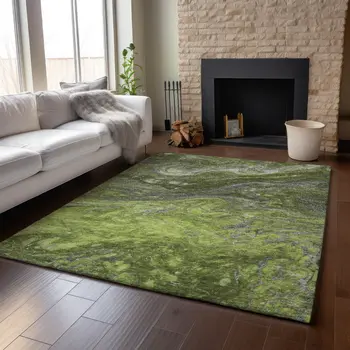 3' X 5' Green Gray And Ivory Abstract Washable Area Rug With UV Protection